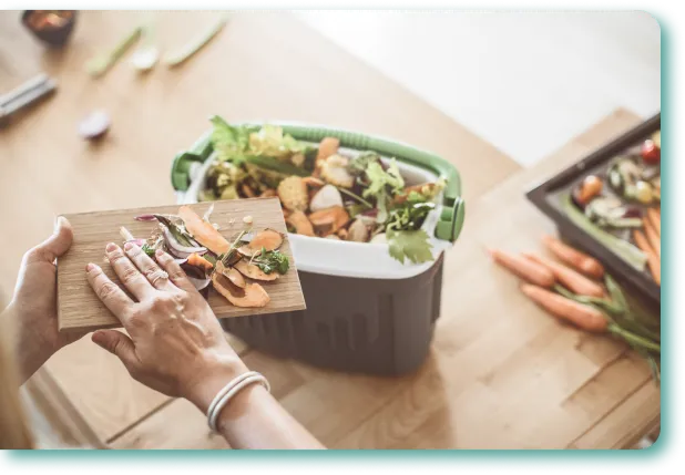 Uma mulher com cabelos brancos em pé, segurando perto da cabeça um balde escrito Temos um sonho, um mundo sem lixo, atrás dela está um fundo verde
